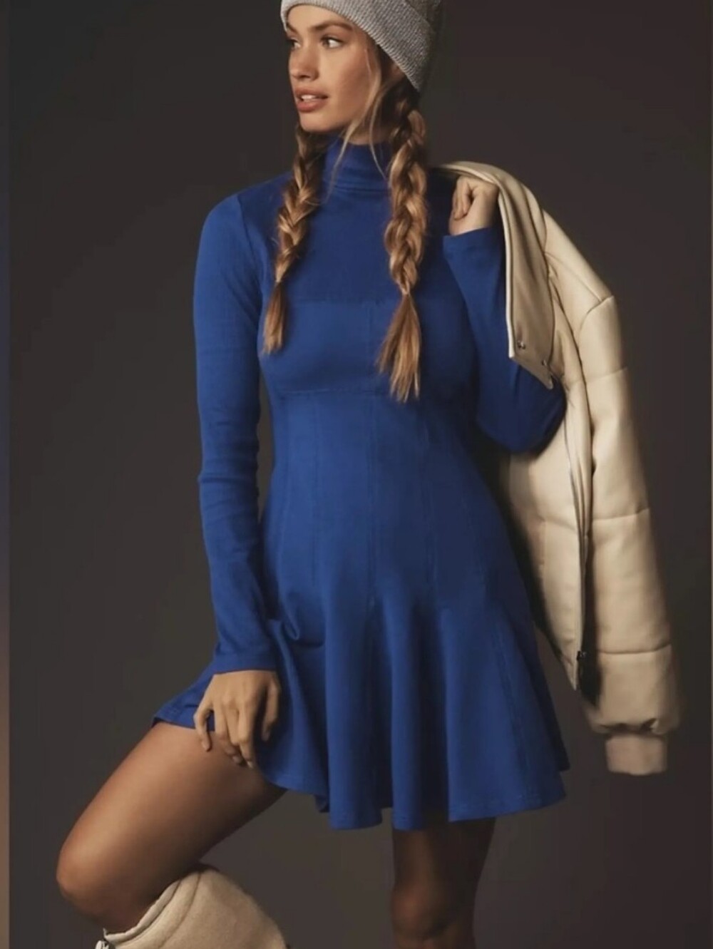 Anthropologie Daily Practice Mock Turtleneck Ribbed Swing Mini Dress Blue Small